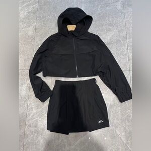 Alo yoga black zipped hooded short coat + short skirt